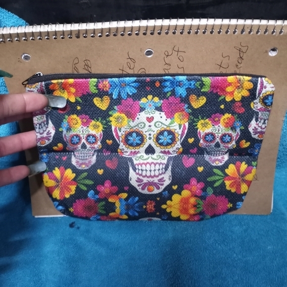 Colorful Day Of The Dead Skull and Flower Makeup Pouch Cosmetic Bag - Picture 2 of 2
